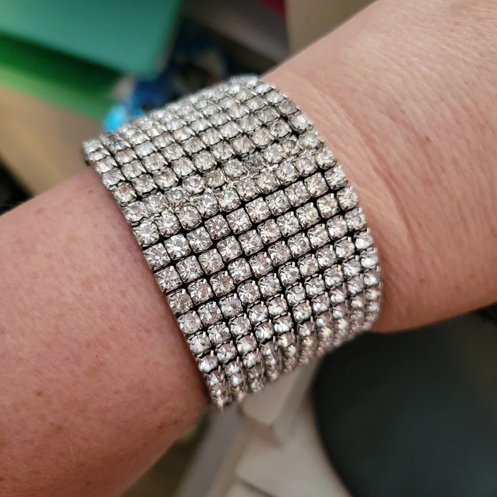 Vintage Clear Rhinestone 10 Row Wide Cuff Bracelet Silver Tone Statement Jewelry
